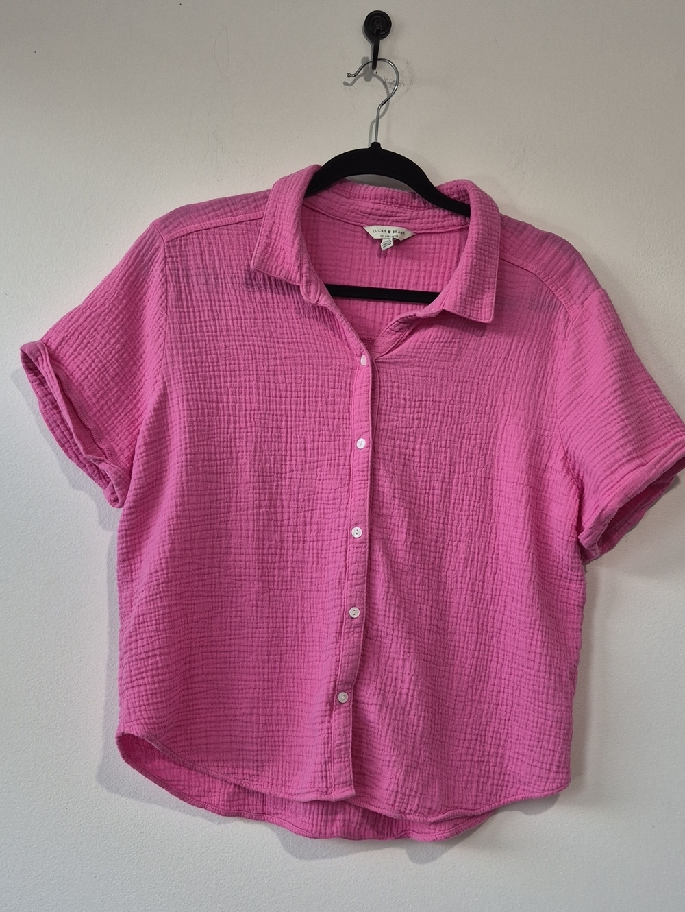 LUCKY BRAND SHORT SLEEVE COTTON GAUSE BUTTON DOWN BLOUSE